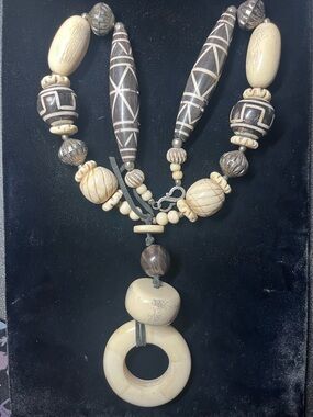 Vintage Indian Tribal Statement Necklace - 23" Carved Bone & Wood